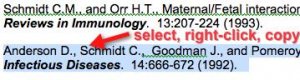 A screenshot of a publication entry in a CV. The annotation says "select, right-click, copy"