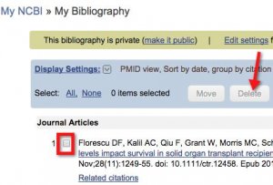 Screenshot of "My Bibliography" page. A red box has been drawn around the check box next to citation #1. A red arrow indicates the position of the "Delete" button.