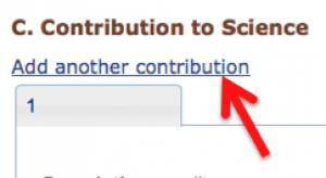 A screenshot show the "Contribution to Science" section with an arrow pointing to the "Add another contribution" link.