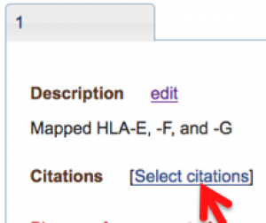 A screenshot of tab 1 in the "Contributions to Science" area including an arrow pointing to the "select citations" link.