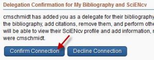 Screenshot of "delegation confirmation for my bibliography and ScENcv" with arrow pointing to the "Confirm Connection" button.