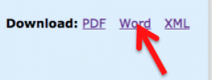 A screenshot shows the "Download: pdf word xml" area of the page. An arrow points to the "Word" link