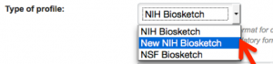 The "type of profile" drop-down is shown. The "New NIH Biosketch" option is being chosen.