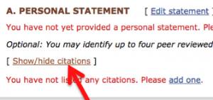 A screenshot of section "A", the "personal statement". An arrow points to the "Show/hide citations" link.