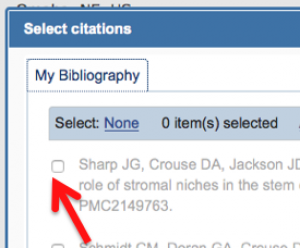 A screenshot shows selection of a reference from the "My bibliography" list.