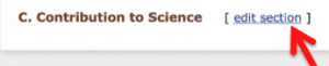 A screenshot of section "C. Contribution to Science" with an arrow pointing to the "edit section" link.