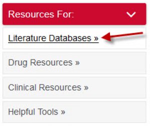 A screenshot of the buttons on the right-hand side of the library's homepage. An arrow points to the "Literature Databases" button.