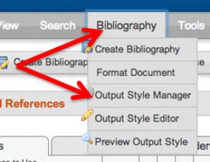 Screenshot of "Bibliography" menu with arrow pointing to "Output Style Manager" option.