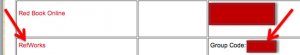 Screenshot of a section of the table containing the Refworks group code. A red box is positioned over the area where the RefWorks group code appears. Red arrows point to this box and to the link to RefWorks.