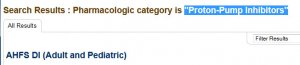 A screenshot of the "Search results: Pharmacologic category is "proton-pump inhigitors" " page header with selection of the "proton-pump inhibitors" text in preparation for copying.