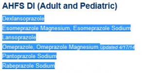 Screenshot showing selection of the names of the Proton pump inhibitor drugs in preparation for copying.