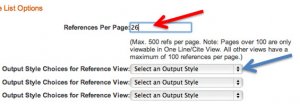 A screenshot of the "Customize" pop-up box. A red arrow points to the "References per page" box where -- 26 -- has been entered. A blue arrow points to the first "Output style choices for reference view" drop down.