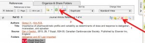A screenshot of the top of a "duplicates" list. Arrow #1 points to the red "X" on the right, above the first reference. Arrow #2 points to the red "X" icon in the result list header. 