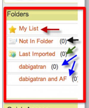 Screenshot of the "Folders" list from the right-hand side of the webpage. The folders created by the RefWorks user are indicated by blue arrows. A green arrow points to the "last importted" folder. A black arrow points to the "Not in Folder" location. A red arrow points to "My list". Avoid using "my list" it is not a permanent location.