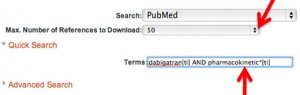 Screenshot of the "Online Catalog or Database" pop-up box. An arrow indicates the position of the "Max. Number of References to Download" drop-down. A second arrow indicates the position of the search box. The search strategy -- Drug*[ti] AND pharmacokinetic*[ti] -- has been entered.