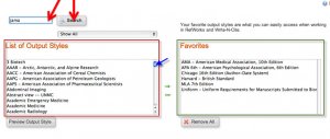 Screenshot of the "Output style manager" pop-up box. The list of "Favorites" on the right-hand side of the page is surrounded by a green box. The "List of Output Styles" on the left is surrounded by a red box. A red arrow points to the search box above the "List of Output Styles". A second red arrow points to the adjacent "search" button. A blue arrow points to the scroll bar in the "List of Output styles" box.