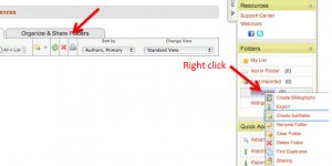 The screenshot show the menu that appears when one right-clicks on one of the folder names in the "Folders" list on the right-hand side of the page. A red arrow also indicates the position of the "Organize & Share Folders" tab.