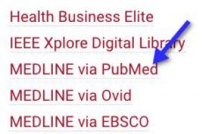 A screenshot of the links on the "Literature Databases" page. An arrow points to the "MEDLINE via PubMed" link.