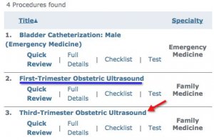 screenshot of ProceduresConsult results window with arrow pointing to Third Trimester obstetric ultrasound. The link to the "first-trimester Obstetric Ultrasound" video is also underlined.