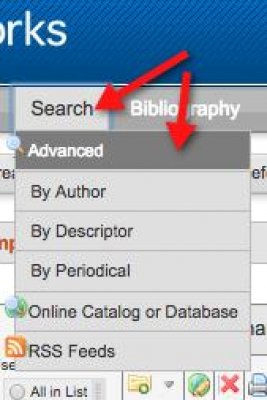 A screenshot shows an arrow pointing to the "Search" menu . A second arrow points to the "Advanced" option.