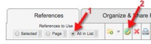 In the screenshot, arrow 1 points to the selected circle in front of "all in list" and arrow #2 points to the "global edit" (globe) icon.