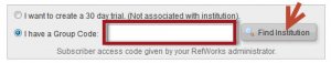 Screenshot of the box in which groupcode should be entered. The box is to the right of the statement "I have a group code" and is followed by the "Find Institution" button that should be clicked after entering the group code.