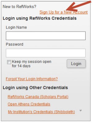 Screenshot of the Refworks login box showing the position of the "Sign Up for a New Account" link.