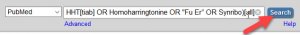 Screenshot of the PubMed search box. An arrow shows that the revised search has been pasted into the search box and a second arrow indicates that the "search" button should be clicked.