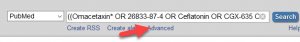 A screenshot of the search box showing a red arrow pointing to the "Advanced" link under the search box.