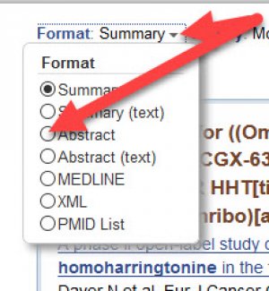 Use the "Summary" drop-down menu below the search box to select the "Abstract" view
