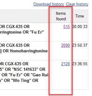 Screenshot showing the search history table for the sample search. The column showing the result numbers for the two searches is boxed in red.