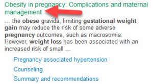 Screenshot of the "Obesity in Pregnancy: Complications and Clinical Management" search result. An arrow points to the section on "effect of weight loss in obese women" 