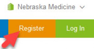 screenshot showing the upper right-hand corner of the UpToDate page. An arrow points to the "Register" link.