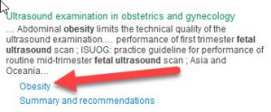 A screenshot on the "Ultrasound exmination in obstetrics and gynecology" result with an arrow pointing to the "Obesity" link.