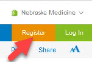 screenshot of UpToDate window with arrow pointing to the Register button