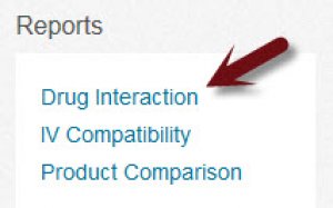 screenshot of Clinical Pharmacology page wiith arrows pointing to Reports menu and Drug Interaction Report