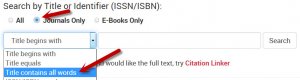A screenshot showing the selection of the "Title contains all words" option from the drop-down to the left of the search box.