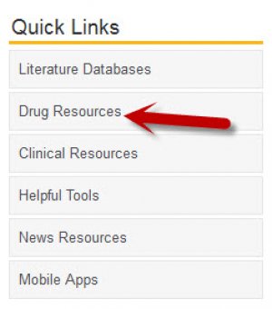 Screenshot showing an arrow pointing to the "Drug resources" button on the Library's homepage.