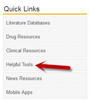 A screenshot of the buttons that are located on the right-hand side of the library's homepage. An arrow points to the "Helpful tools" button