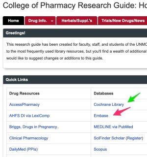 Screenshot of Cochrane Library and EMBASE links on the COP Research Guide