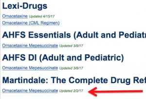 A screenshot of the LexiComp search results for omacetaxine. An arrow points to the Martindale search result.