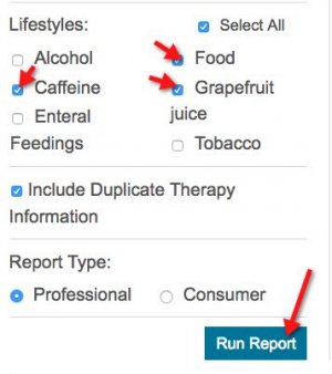 A screenshot of the "Lifestyles" area showing selection of the "Caffeine", "Food", and "Grapefruit" options. An arrow points to the "Run" button.