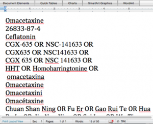 A screenshot of the Word document showing the three variants of each investigational name.