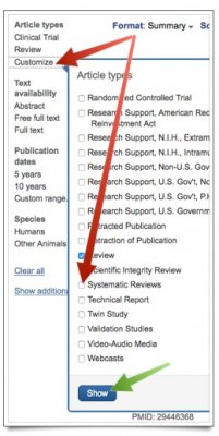 A screenshot showing clicking of the 'Customize" link, followed by select of the "Systematic Reviews" option, and clicking of the "Show" button.