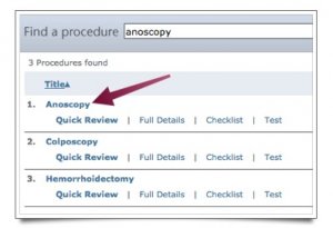 A screenshot showing the ProceduresConsult search result list. An arrow points to "anoscopy".