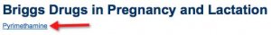 A screenshot of the bottom of the "pyrimethamine" search results list. The result from "Briggs Drugs in Pregnancy and Lactation" is shown. An arrow points to the "Pyrimethamine" link under the "Briggs" heading.