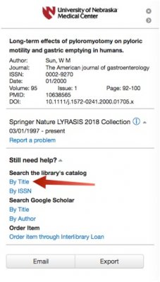 Screenshot showing location of "search the Library's Catalog" "By Title" link.