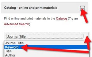 A screenshot of the "catalog" area of the homepage. The drop-down in the opened catalog area is being used to select "Keyword."