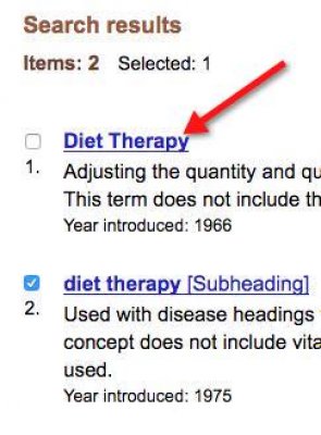 A screenshot with an arrow pointing to the first MeSH search result, the "Diet therapy" heading