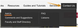 A screenshot of the "AskUs" menu. An arrow points to "AskUs". The options "contact us" and "search request" are underlined.